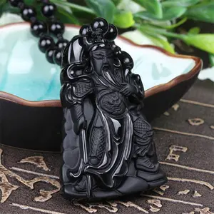 Bán Buôn Tự Nhiên Đen Obsidian Đá Chạm Khắc Guan Yu Mặt Dây Chuyền Vòng Cổ Mammon Guan Gong May Mắn Amulet Quà Tặng Cho Nam Giới Jades Jewelry