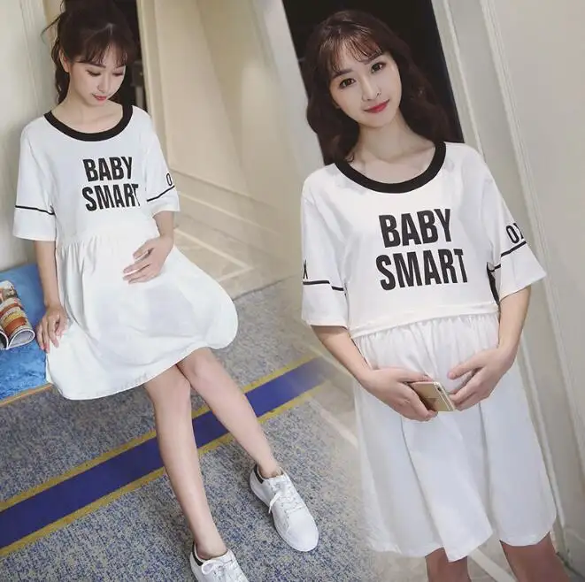 Cy30375a % 2018 pamuk hamile kıyafetleri beyaz hamile elbisesi kısa kollu hemşirelik elbise