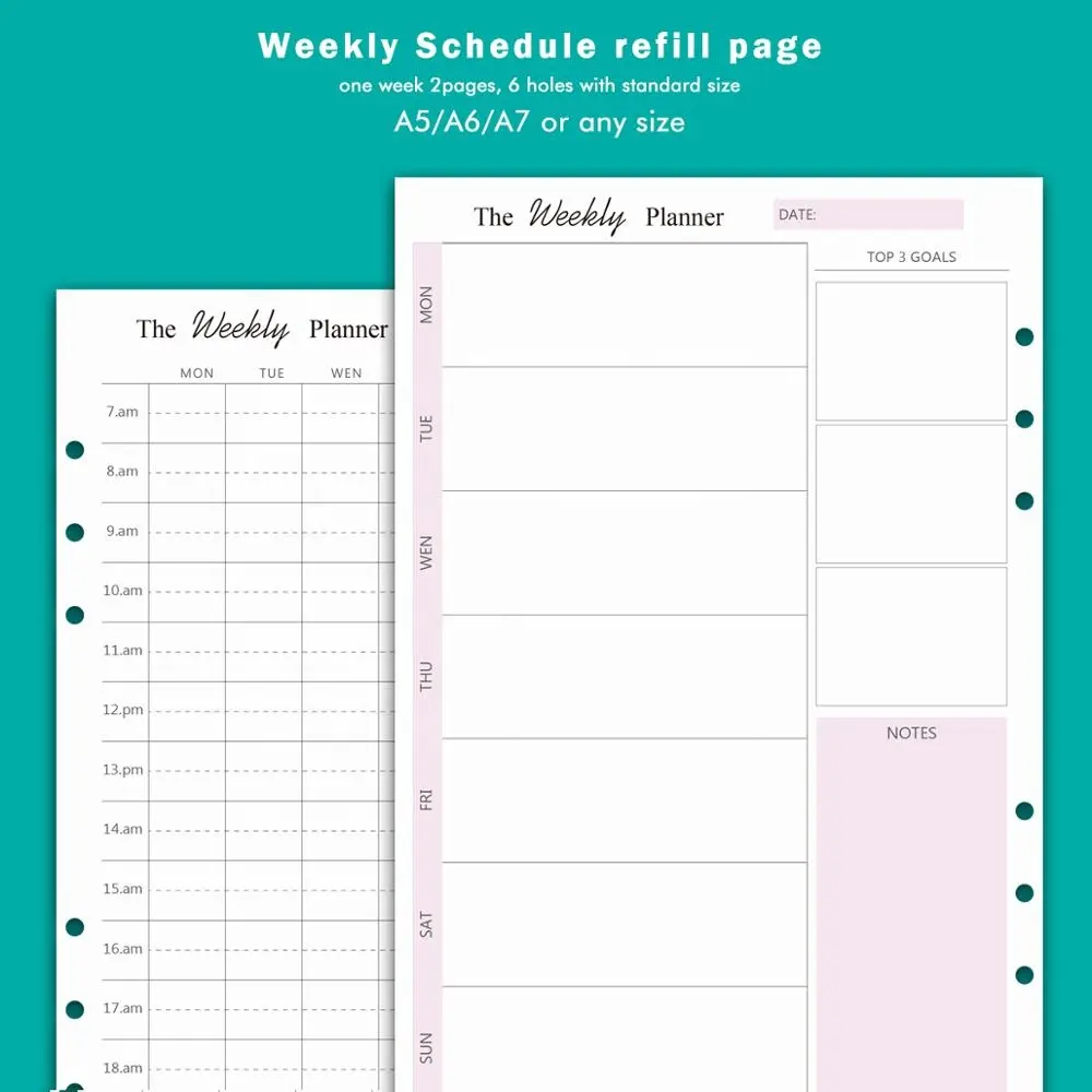 A5 weekly schedule page custom, 6 rings refill pages for planner, insert paper custom