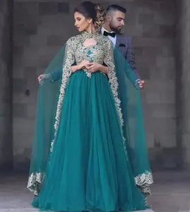 कफ्तान इस्लामी Abaya दुबई शाम पोशाक लंबी आस्तीन vestido लोंगों में मोरक्को क़फ़तान ग्रीन औपचारिक प्रोम कपड़े