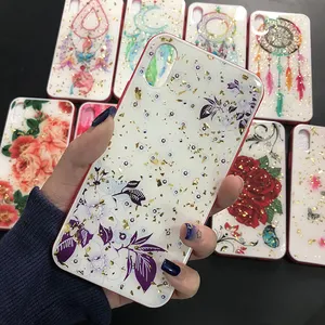 2019 Newest anti-slip transparent tpu bumper acrylic back cover gold foil glitter printing case phone custom for iphone x