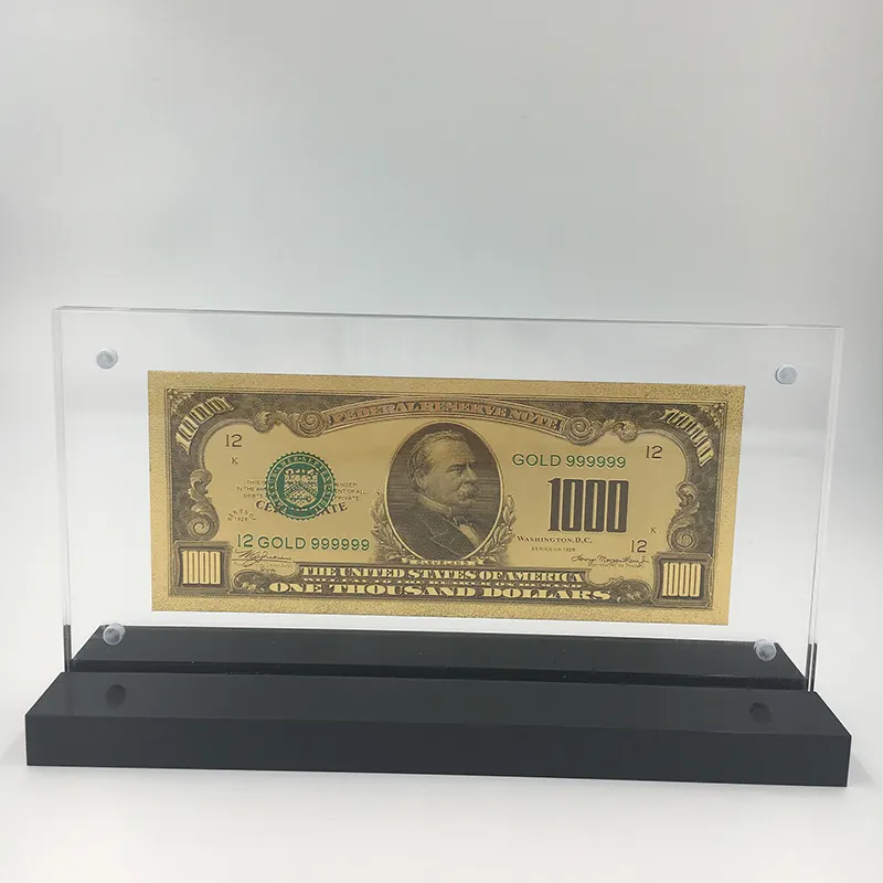 مكتب عرض زخرفة الحرف 24K الذهب البنكنوت أمريكا 1000US الدولار بيل مع إطار أكريلي عرض