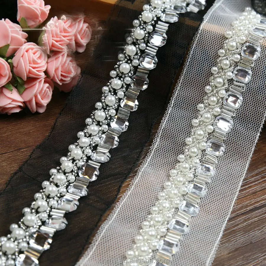 rhinestone pearls beaded sew on lace trimming