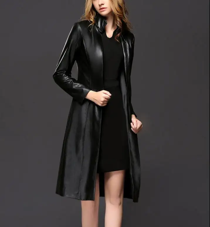M779 D.Y fashion 2016 ladies stand collar black long pu leather coats for women