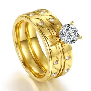 Fede nuziale in oro in acciaio inossidabile con anello di zircone lucido fashion designs anello di fidanzamento da uomo all'ingrosso