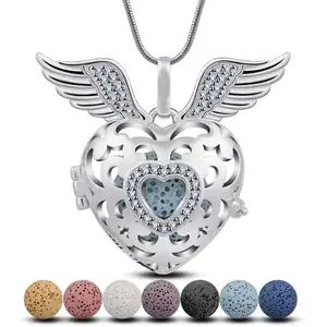 Fuzzy diffuser Angel Wing Heart Shape Locket With Cotton Balls Essential Wellness Oil Pendant