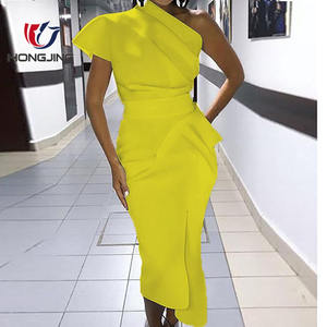 Le donne di colore giallo poliestere Una Spalla Increspato Irregolare Vestito Da Partito della fessura del lato nascosto chiusura a cerniera matita bordo banchetto vestito da promenade - Product Image 2