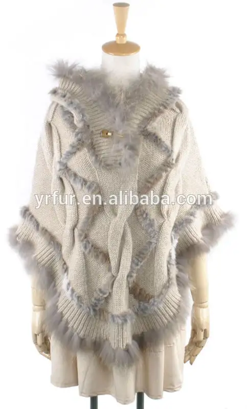 Yr-278 реальная кроликов и пряжи ручной вязки меха шаль/моде пончо 2014
