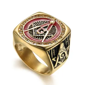 2017 Punk Style Stainless Steel Red Masonic Ring Gold Freemason Mens Ring With Stone