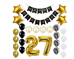 Happy 27th Birthday Banner Balloons Set for 27 Years Old Birthday Party Decoration Supplies Gold Black