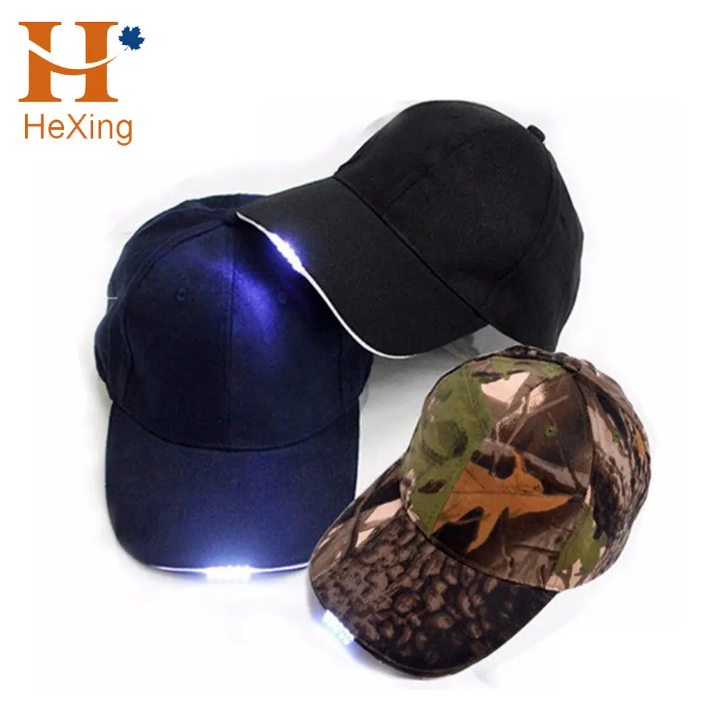 Hexing Vintage al por mayor gorras de pesca personalizadas luces de haz alto linterna manos libres hombres gorras de béisbol Led ajustables con luces