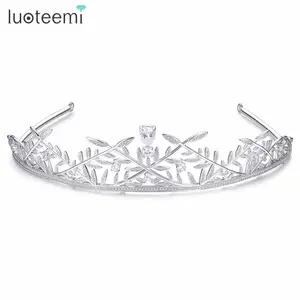 LUOTEEMI Hot Fashion Queen Style Olive Branch Shape Crown Tiara With Clear CZ Crystal Stone Hair Pins For Women Wedding Party