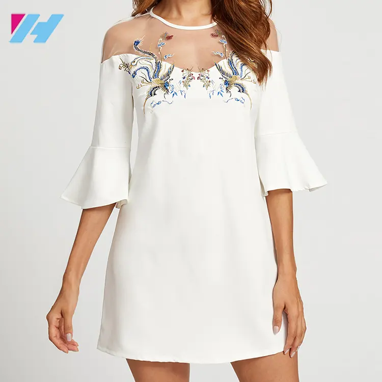 YIHAO 2021 אופנה סיטונאי גזה עיצוב לבן ריק לרקום גבירותיי שמלה אלגנטית נשים מקרית ארוך שמלות