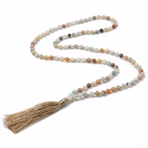 108 Mala Beads Matte Amazonite Hand-knitted Tassel Natural Stone Necklace for Buddhist Prayer