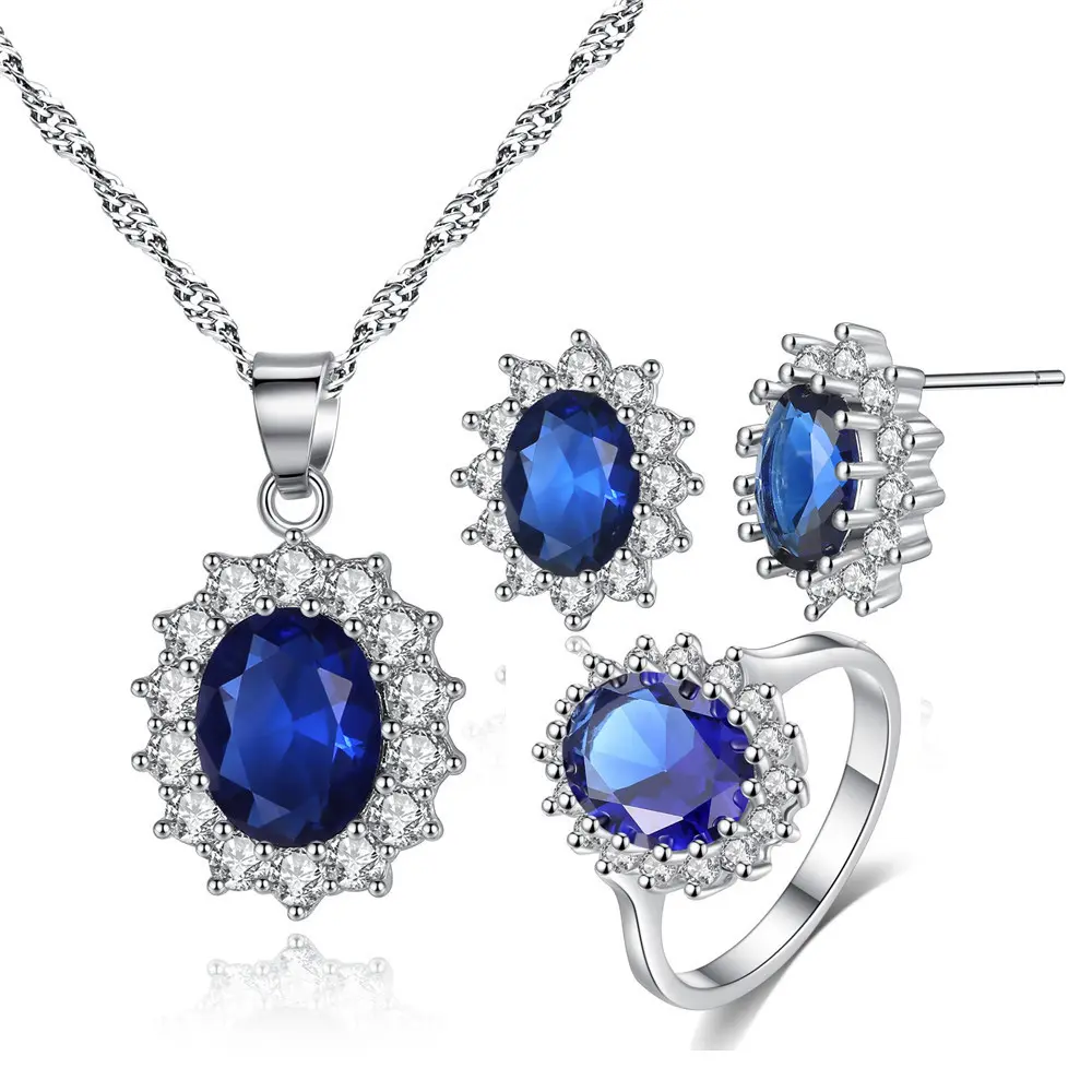 Royal Ocean Blue Austrian Crystal Rhinestones Jewelry Sets Zircon Pendant Necklace Earrings Ring Sets (KJ069)