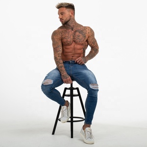 <span class=keywords><strong>Jeans</strong></span> Skinny Strappati Dipinti con Striscia Laterale Blu Affusolati e Stretti da <span class=keywords><strong>Uomo</strong></span> Gingtto - Product Image 5