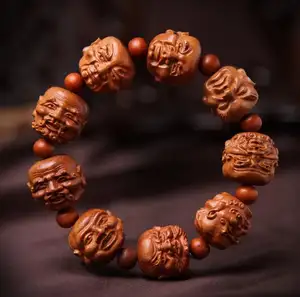 Natural Carved mahogany 18 rohan arhat head string bracelet & bangles for men women fashion carved Buddha beads bracelet jewelry