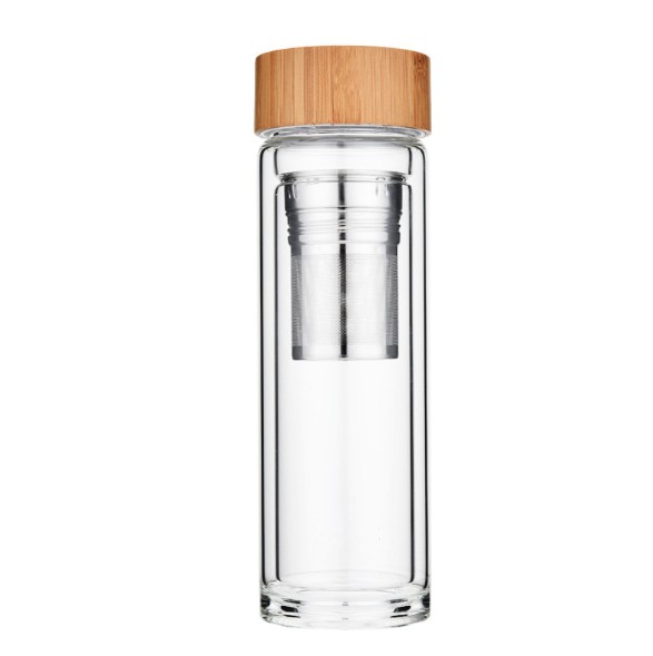 Borosilicate Glass Water Bottle Wide Mouth with Bamboo Lid Double Wall Water Glass Cup