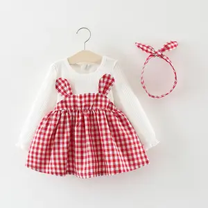 Hao Baby Fall 2018 Children Pure Color Rabbit Ears Checked Dress