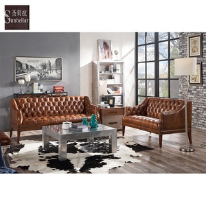 Sofá Chesterfield Tapizado, Sofá Chesterfield de Cuero Rústico Color Bronceado, Sofá Chesterfield de Cuero Genuino con Botones, Conjunto de Sofás Chesterfield para Vestíbulo de Hotel - Product Image 5