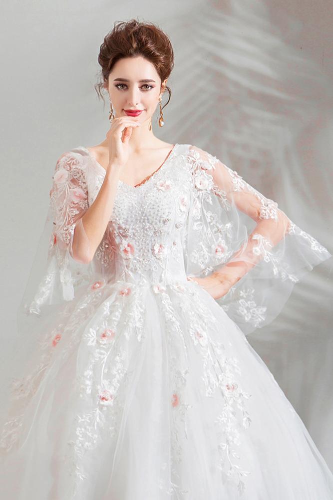 2019 Spring New Korean Plus Size 3xl Ivory Flower Beaded Floor Length  Batwing Sleeve Lace up