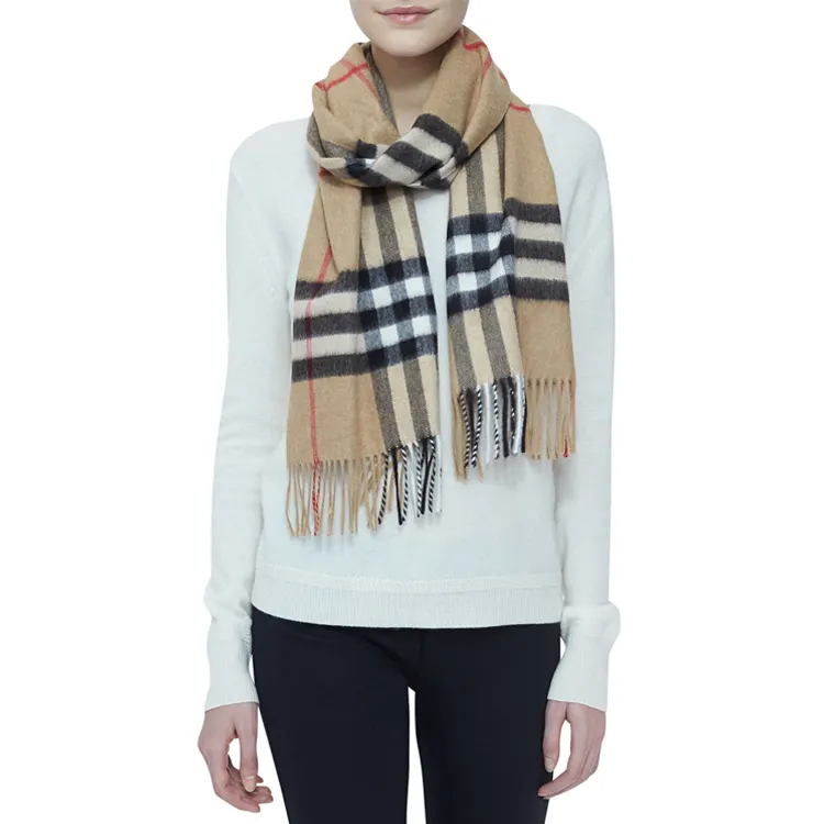 Fashionable Winter Plaid 100% Cashmere Scarf with tassel