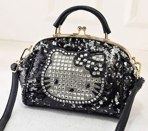 Black Sequin <strong>Hello</strong> <strong>Kitty</strong> <strong>Purse</strong> Crystal Decorated Handbag Fashion Women's Shoulder Bag for Party - Product Image 1