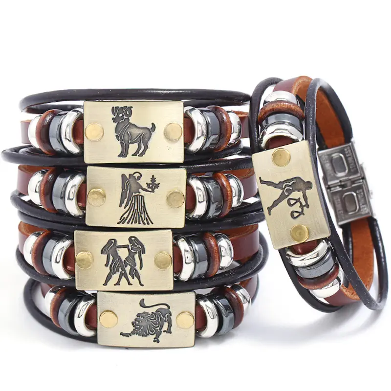 Fashion 12 Perbintangan Zodiak Tanda Beaded Charm Gelang dengan Gesper Stainless Steel Gelang Kulit