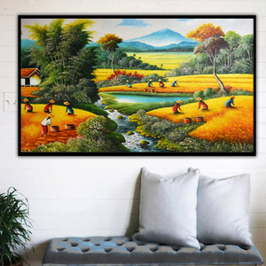 Pintura al Óleo sobre Lienzo <span class=keywords><strong>de</strong></span> <span class=keywords><strong>Campo</strong></span> <span class=keywords><strong>de</strong></span> Arroz con Paisaje <span class=keywords><strong>de</strong></span> Cosecha, Arte Asiático Tradicional Hecho a Mano - Product Image 4