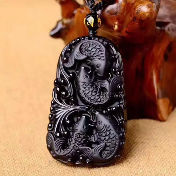 טבעי אובסידיאן אבן שחור ObsidianHigh באיכות תכשיטי תליון השתוקקות גדול עשיר דגי אבן שרשרת תליון Mens תכשיטים