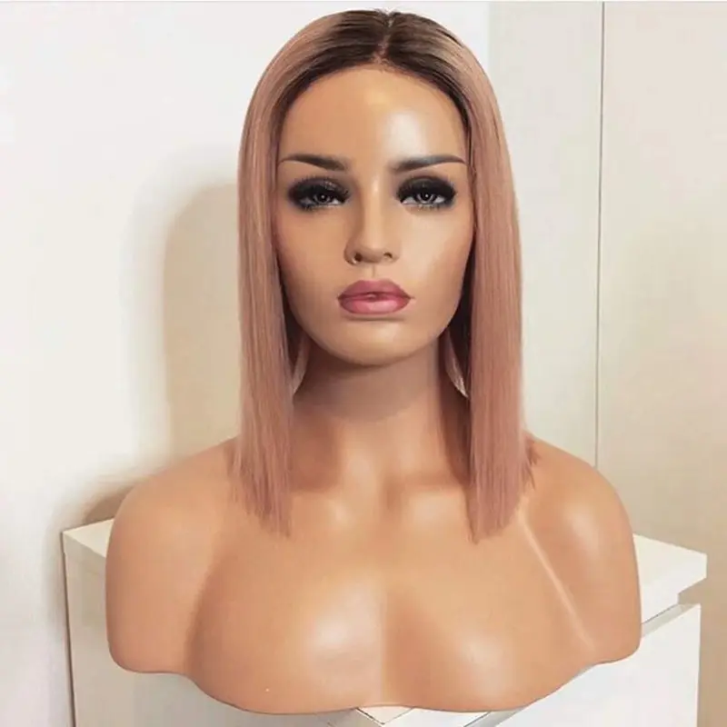 Front lace short hair gradient pink quality synthetic hair wig