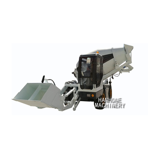 Self propelled concrete mixer with self loading hopper