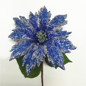 Giant Artificial Velvet Fabric Poinsettia Flower with <strong>Glitter</strong> Red <strong>Blue</strong> Gold Colors 9"DIA*4" Indoor Christmas Tree Decoration - Product Image 2