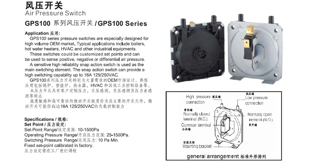 공기 압축기를 위한 Unionwell 경쟁가격 GPS100 디지털 방식으로 50/60 pa hvac 압력 스위치