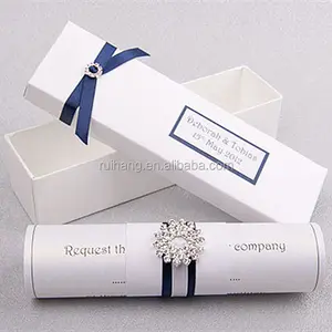 Gorgeous & Elegante Witte Scroll Bruiloft Uitnodigingskaart Met Navy Linten & Crystal Decoraties