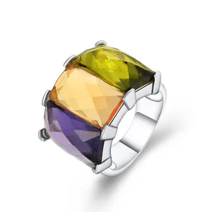Anillo De Plata 925 Anello Bague Tricolore Multi Big Farbe Stein Gold Lila Grün Designs Ring Für Weibliche
