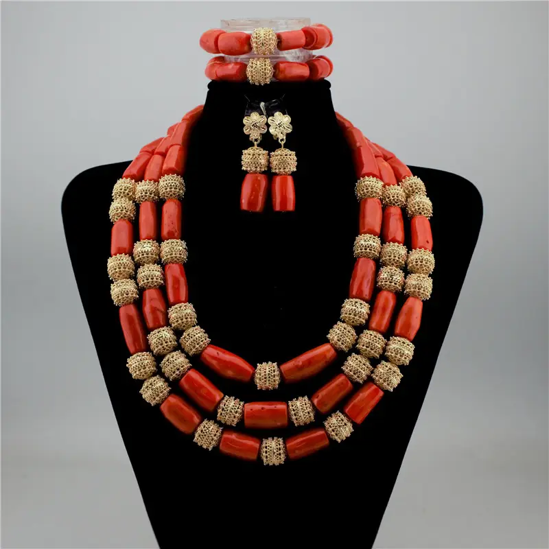 Real Coral Beads Nigerian Wedding Jewelry Sets Original Coral African Bridal Costume Party Jewelry Bride
