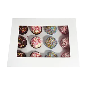 Caixas de cupcake personalizadas ou brancas, 12 furos, caixa de padaria do bolo com janela, caixas de muffin, papel de embalagem descartável, revestimento uv