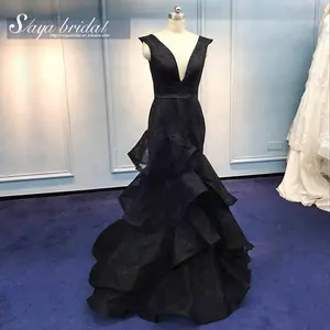 Black Deep V Elegant Floor Length Mermaid Lace Ruff Train Wedding Dress
