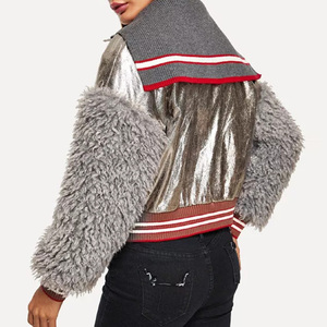 High Quality Faux <strong>Shearling</strong> Sleeve Silver Metallic <strong>Jacket</strong> Women Sparkle PU Leather <strong>Bomber</strong> <strong>Jacket</strong> - Product Image 3