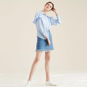 <span class=keywords><strong>Azul</strong></span> claro ruffle manga <span class=keywords><strong>jersey</strong></span> de cuello de rayas últimas mujeres Oficina blusa camisa diseños - Product Image 1