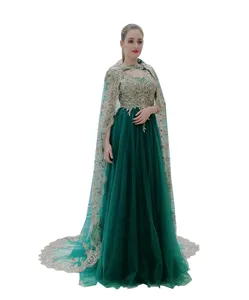 Vert Tulle Or Dentelle Hot Fix AB Strass Plus La Taille Robes 2018 Top Vente Arabie Style Robes De Bal Avec Cape Pour Les Grosses Femmes