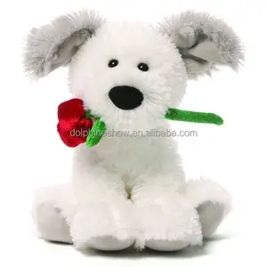 Peluche de perro blanco con rosa roja, peluche de perro blanco, regalo de San Valentín