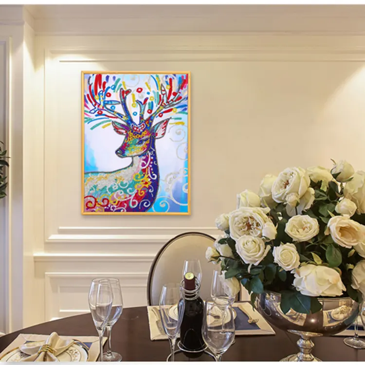 COOLEVE DIY handbemaltes Diamantschild neues Design 47 × 57 cm speziell geformte Hirschwanddekoration für Wohnzimmer