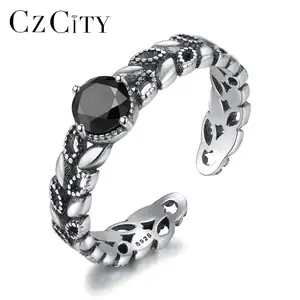 CZCITY Retro 925 Mở Lá Hình Nhẫn Trang Sức Sterling Silver Một Kích Thước Thiết Kế Cô Gái Vòng Đen Cho Phụ Nữ