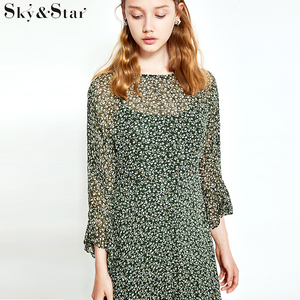 Nuevo estilo manga larga <span class=keywords><strong>verde</strong></span> impreso Maxi largo <span class=keywords><strong>vestido</strong></span> de gasa - Product Image 4