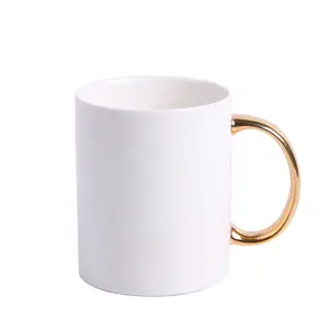 Tasse personnalisée de 11oz, tasse ronde à Sublimation blanche, pleine et unie, tasse à café en céramique avec poignée en or pour boire, vente en gros