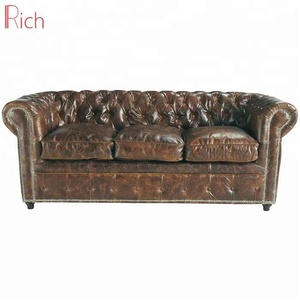 Canapé chignons field en cuir véritable, 3 places, style classique antique, <span class=keywords><strong>sofa</strong></span> de salon, conception classique, luxueux - Product Image 1