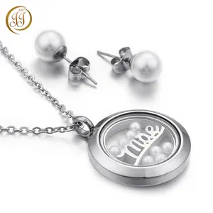 Delicate Fashion Jewelry Latest Design Pearl Earrings Locket Pendant Silver Locket Set