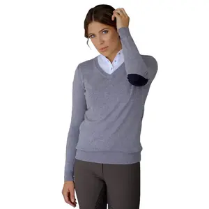 Women Plain Cashmere Wool Knit Sweater with Elbow Patch